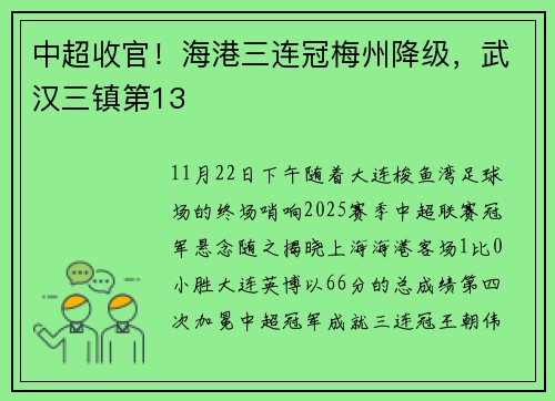 中超收官！海港三连冠梅州降级，武汉三镇第13